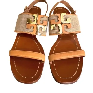 Tory Burch Lowell Double T Logo Sandals Beige Leather Block Heel Women’s