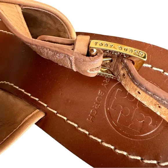 Tory Burch Lowell Double T Logo Sandals Beige Leather Block Heel Women’s
