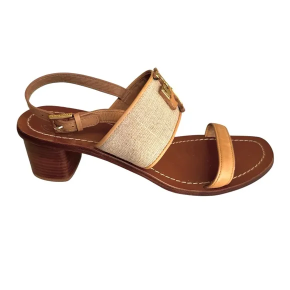 Tory Burch Lowell Double T Logo Sandals Beige Leather Block Heel Women’s