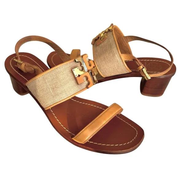 Tory Burch Lowell Double T Logo Sandals Beige Leather Block Heel Women’s