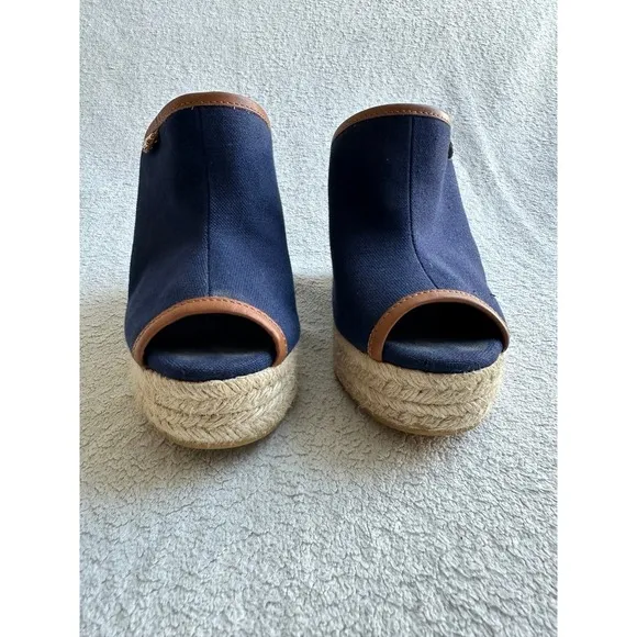 Tory Burch Majorca Open Toe Canvas Wedge Sandals Blue Leather Trim Sz 7