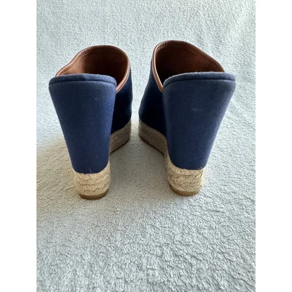 Tory Burch Majorca Open Toe Canvas Wedge Sandals Blue Leather Trim Sz 7