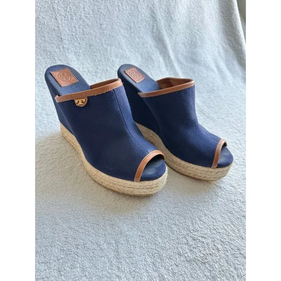 Tory Burch Majorca Open Toe Canvas Wedge Sandals Blue Leather Trim Sz 7
