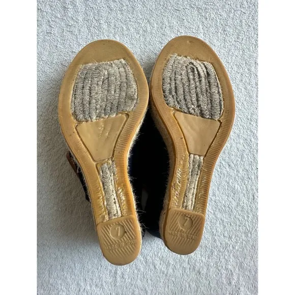 Tory Burch Majorca Open Toe Canvas Wedge Sandals Blue Leather Trim Sz 7