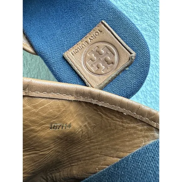 Tory Burch Majorca Open Toe Canvas Wedge Sandals Blue Leather Trim Sz 7