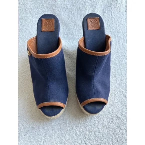 Tory Burch Majorca Open Toe Canvas Wedge Sandals Blue Leather Trim Sz 7