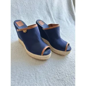 Tory Burch Majorca Open Toe Canvas Wedge Sandals Blue Leather Trim Sz 7