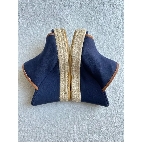 Tory Burch Majorca Open Toe Canvas Wedge Sandals Blue Leather Trim Sz 7