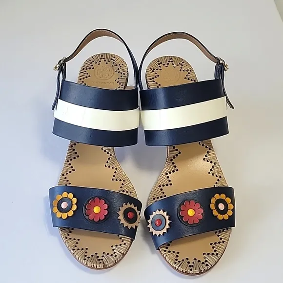 Tory Burch Marguerite double band heel sandals floral detail women's size 10.5