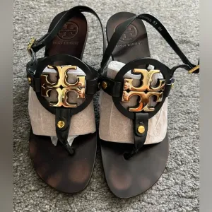 Tory Burch Miller Gold Logo Leather Kitten Heel Sandals