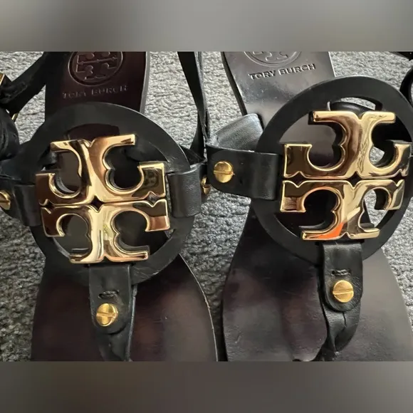 Tory Burch Miller Gold Logo Leather Kitten Heel Sandals