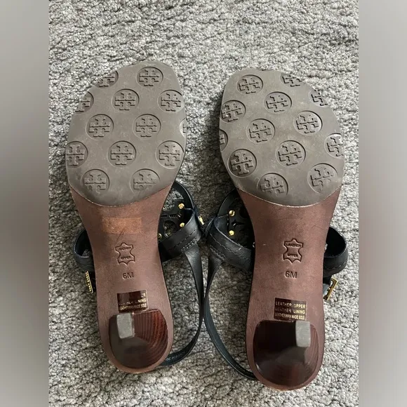 Tory Burch Miller Gold Logo Leather Kitten Heel Sandals