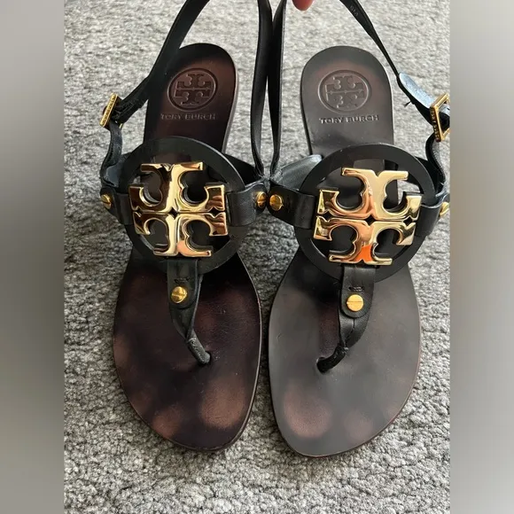 Tory Burch Miller Gold Logo Leather Kitten Heel Sandals