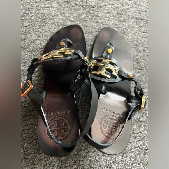 Tory Burch Miller Gold Logo Leather Kitten Heel Sandals