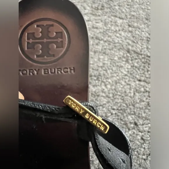 Tory Burch Miller Gold Logo Leather Kitten Heel Sandals