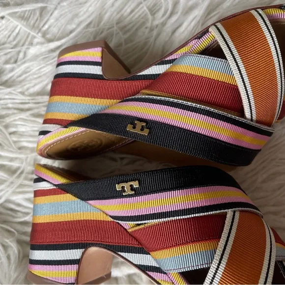 Tory Burch Multicolor Striped Grosgrain Graham 65mm Heel Mule Sandals EUC Sz 6