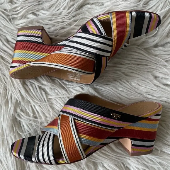Tory Burch Multicolor Striped Grosgrain Graham 65mm Heel Mule Sandals EUC Sz 6