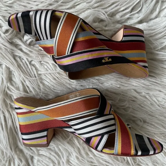 Tory Burch Multicolor Striped Grosgrain Graham 65mm Heel Mule Sandals EUC Sz 6