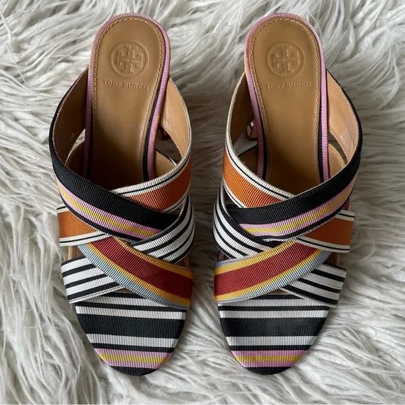 Tory Burch Multicolor Striped Grosgrain Graham 65mm Heel Mule Sandals EUC Sz 6