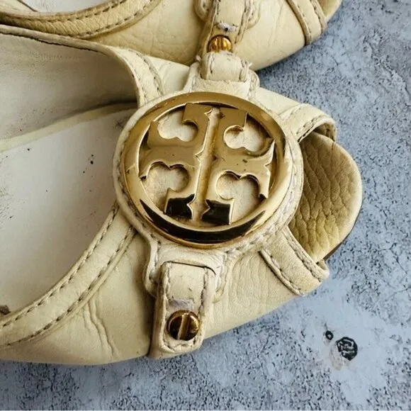 Tory Burch Off White Leather Logo Embellished Wedge Pumps Size 8