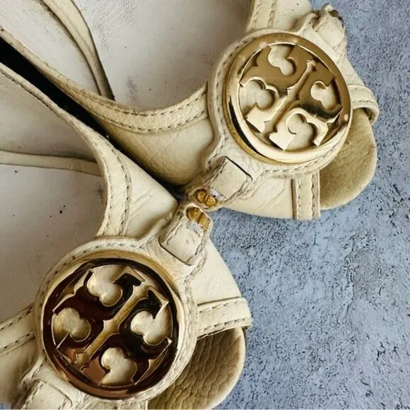 Tory Burch Off White Leather Logo Embellished Wedge Pumps Size 8