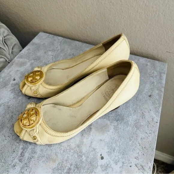Tory Burch Off White Leather Logo Embellished Wedge Pumps Size 8