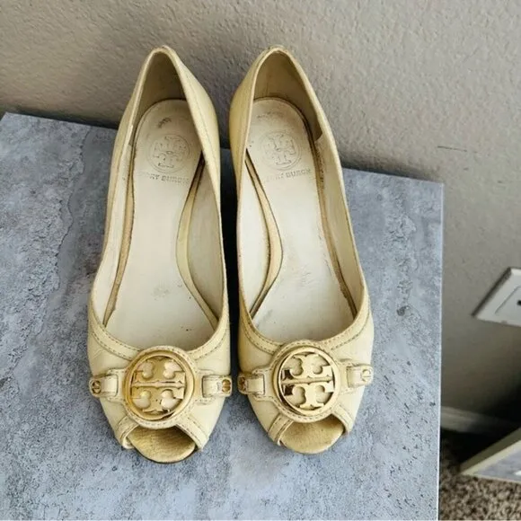 Tory Burch Off White Leather Logo Embellished Wedge Pumps Size 8