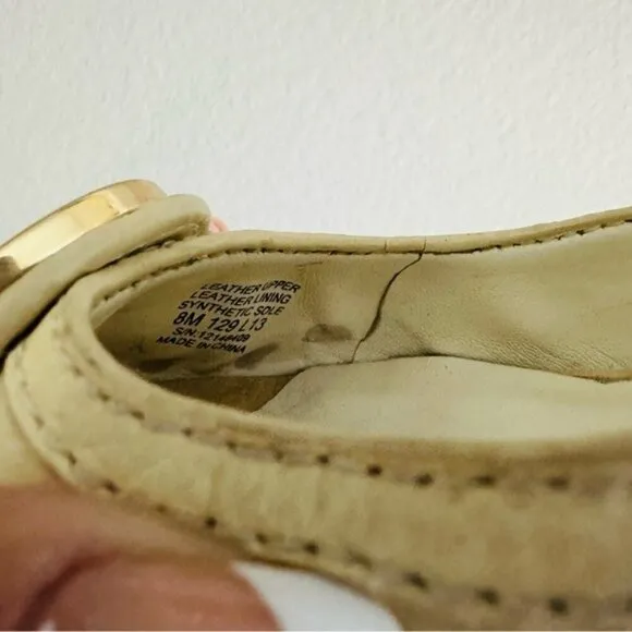 Tory Burch Off White Leather Logo Embellished Wedge Pumps Size 8