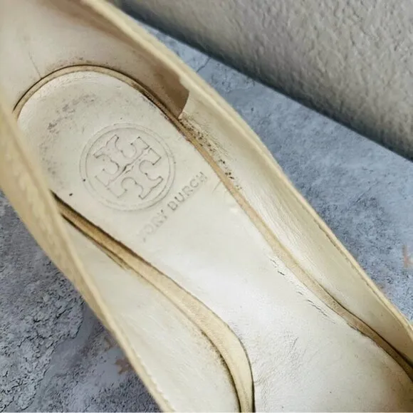 Tory Burch Off White Leather Logo Embellished Wedge Pumps Size 8