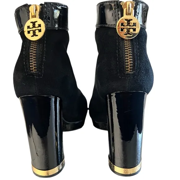 Tory Burch Patent Leather trim block heel ankle booties. Size 8.5 Black
