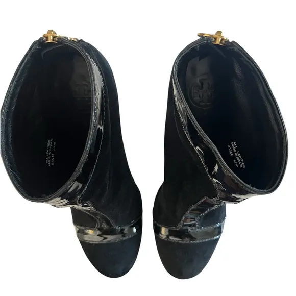 Tory Burch Patent Leather trim block heel ankle booties. Size 8.5 Black