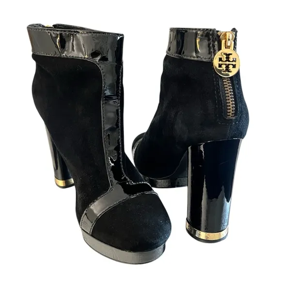Tory Burch Patent Leather trim block heel ankle booties. Size 8.5 Black