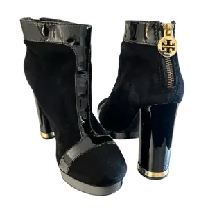 Tory Burch Patent Leather trim block heel ankle booties. Size 8.5 Black