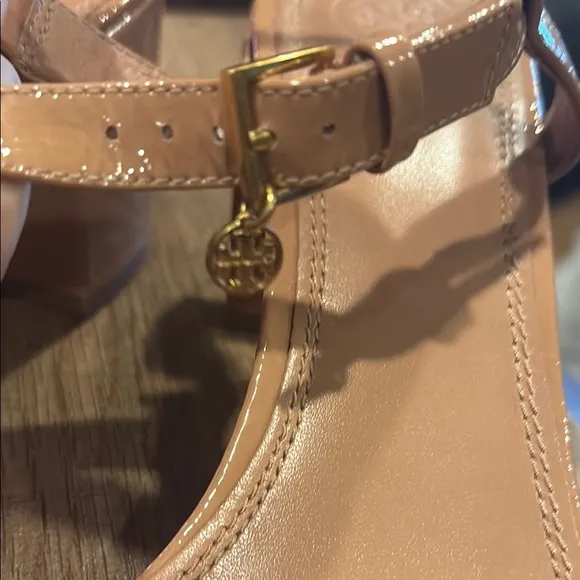 Tory Burch Patent LeatherTan Strappy Sandals with 3” Block Heel Worn once size 9