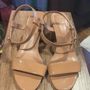 Tory Burch Patent LeatherTan Strappy Sandals with 3” Block Heel Worn once size 9