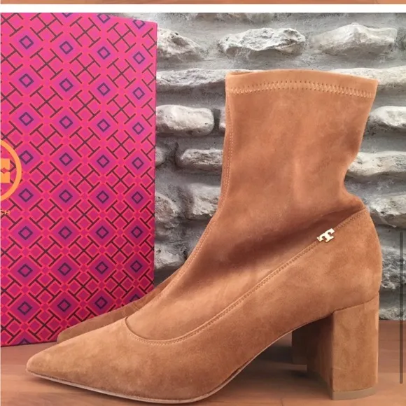 Tory Burch Penelope Size 7 Brown Stretch Suede Ankle Boot Bootie NEW