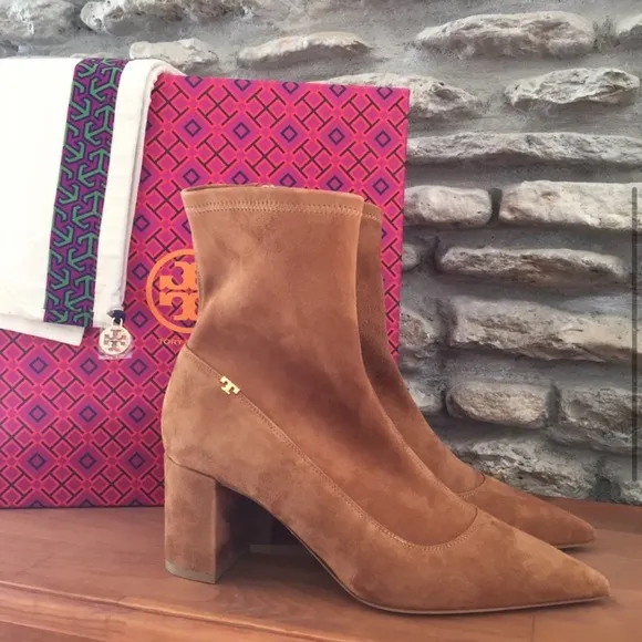 Tory Burch Penelope Size 7 Brown Stretch Suede Ankle Boot Bootie NEW