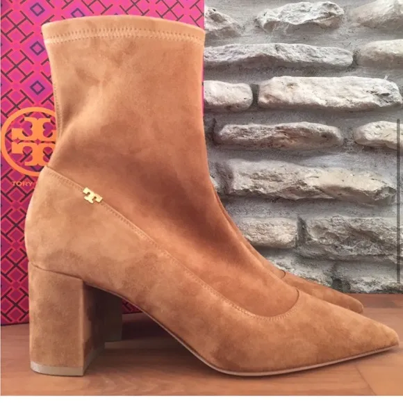 Tory Burch Penelope Size 7 Brown Stretch Suede Ankle Boot Bootie NEW