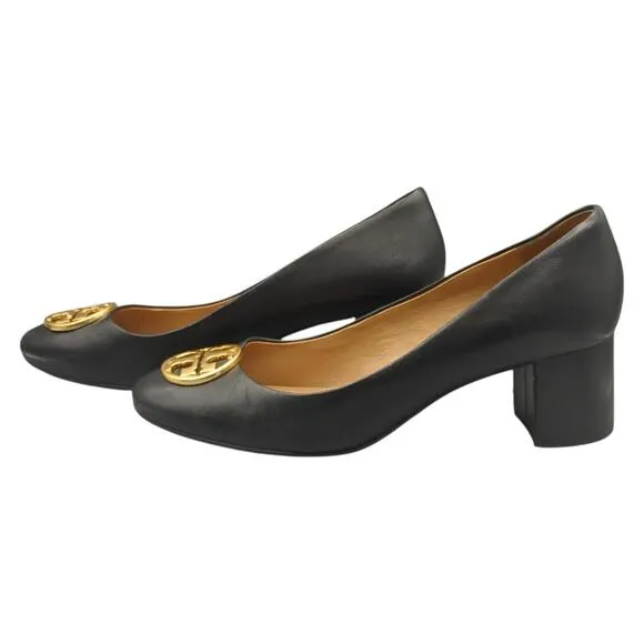 Tory Burch Pump Heels Chelsea 50mm Perfect Black Nappa Leather Gold Logo  45900