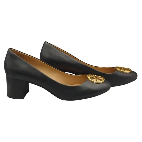 Tory Burch Pump Heels Chelsea 50mm Perfect Black Nappa Leather Gold Logo  45900
