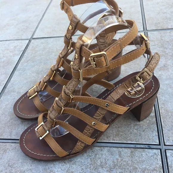 Tory Burch Reggie tan gladiator block heel sandals
