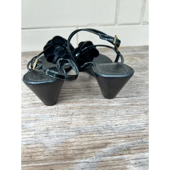 TORY BURCH Reva Logo Flower Blossom Logo Thong Wedge Sandals Breely 8