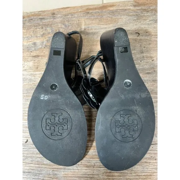 TORY BURCH Reva Logo Flower Blossom Logo Thong Wedge Sandals Breely 8