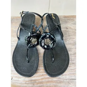 TORY BURCH Reva Logo Flower Blossom Logo Thong Wedge Sandals Breely 8