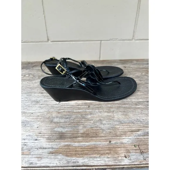 TORY BURCH Reva Logo Flower Blossom Logo Thong Wedge Sandals Breely 8