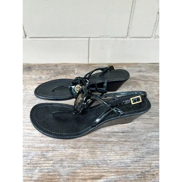 TORY BURCH Reva Logo Flower Blossom Logo Thong Wedge Sandals Breely 8
