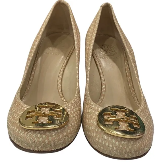 TORY BURCH Sally Snake Print Wedge Pumps in Spring Dune Size 7 shoes