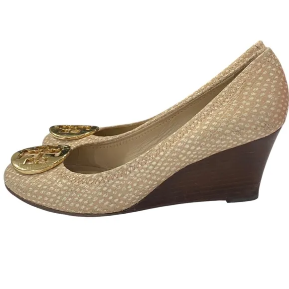 TORY BURCH Sally Snake Print Wedge Pumps in Spring Dune Size 7 shoes