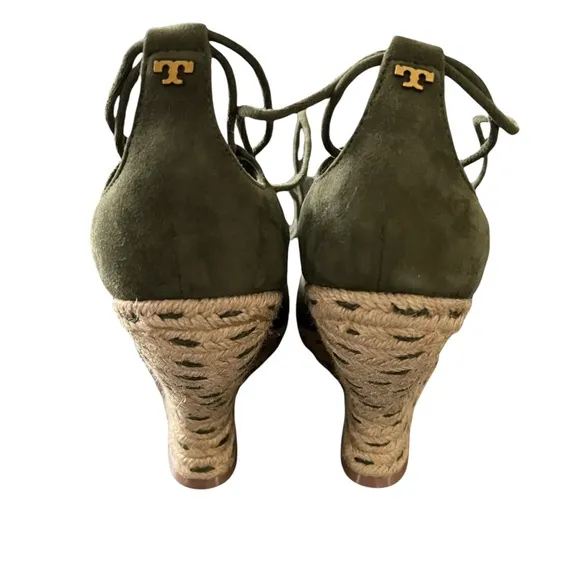 Tory Burch Sandals Heather Wedge Gladiator Lace Up Espadrille Olive Green SZ 10