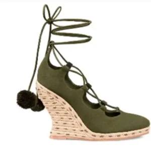 Tory Burch Sandals Heather Wedge Gladiator Lace Up Espadrille Olive Green SZ 10